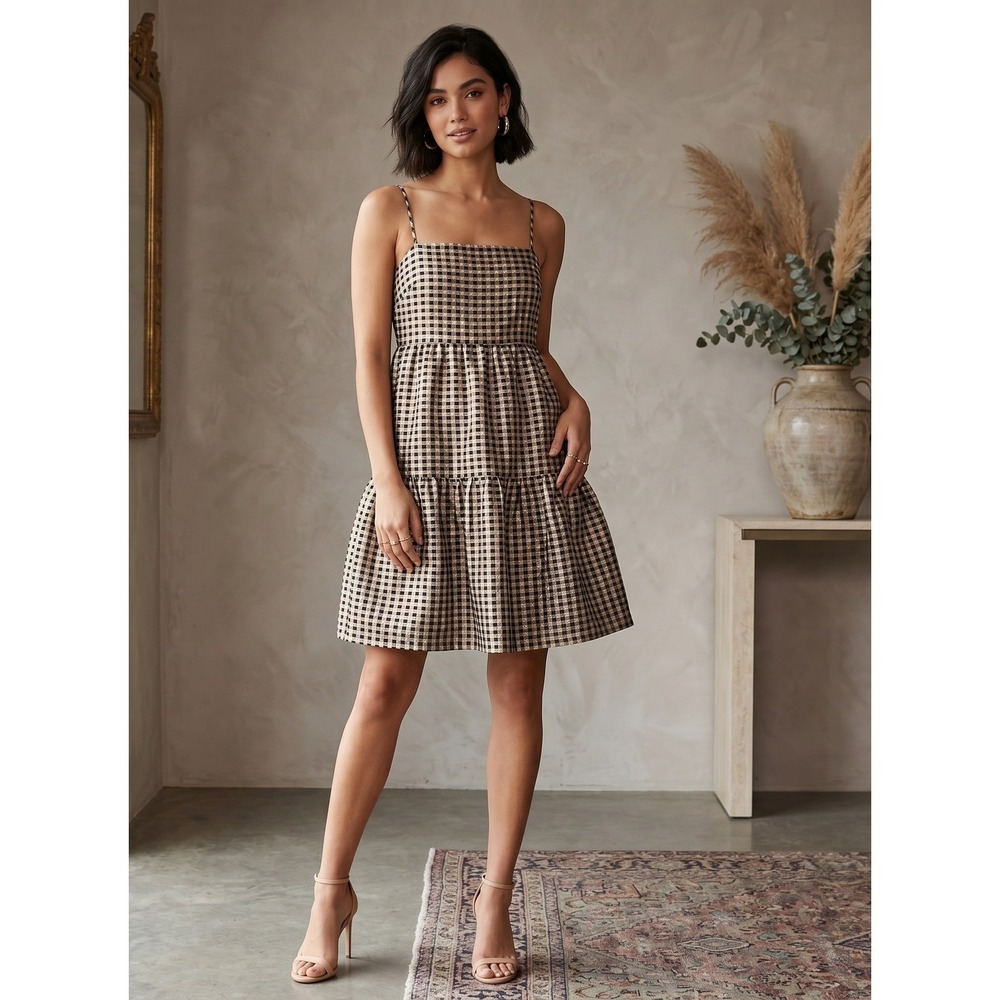 J. Crew Metallic Gingham Babydoll Dress‎ Size 10 Tiered Smocked Gold Lame Party